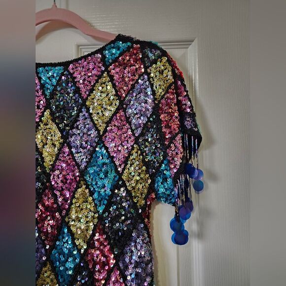 Vintage 80s Colorful Sequins Diamond Argyle Tassel Fringe Midi Dress Fla… - Picture 5 of 13